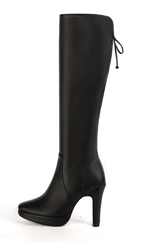 Satin black women's knee-high boots, with laces at the back. Round toe. Very high slim heel with a platform at the front. Made to measure. Profile view - Florence KOOIJMAN